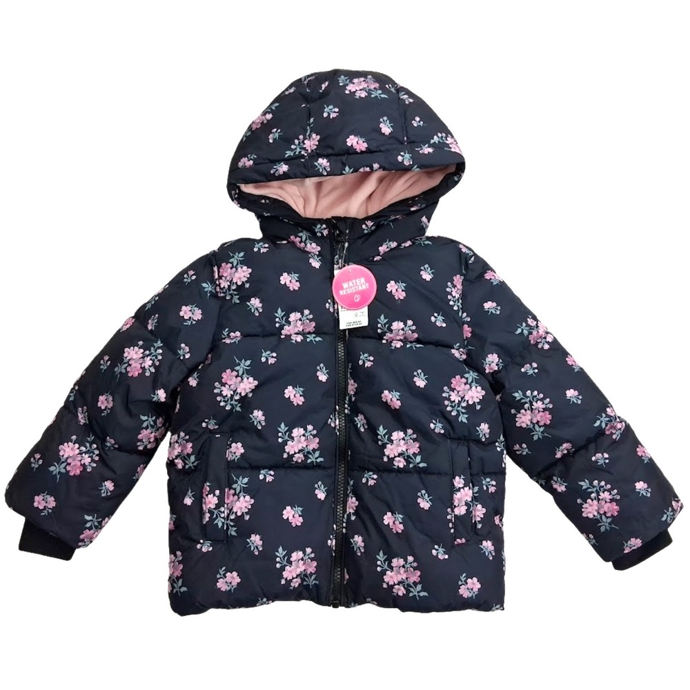 The Children's Place Black Floral 3T Girl Puffer Jacket Pink Fleece Lined NWT